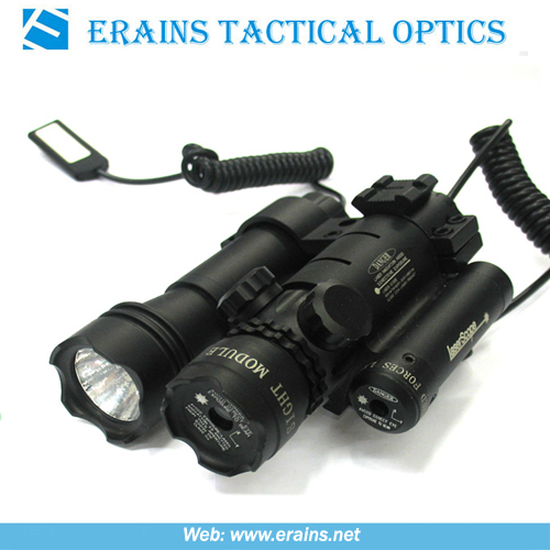 Green laser sight with mounted red laser scope and attached tactical flashlight or torch in halogon or led light combo