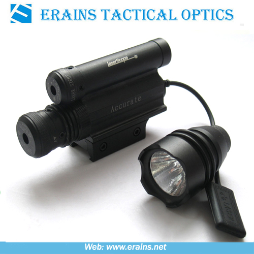 Green laser sight with replaceable flashlight head and upper mounted red laser scope combo