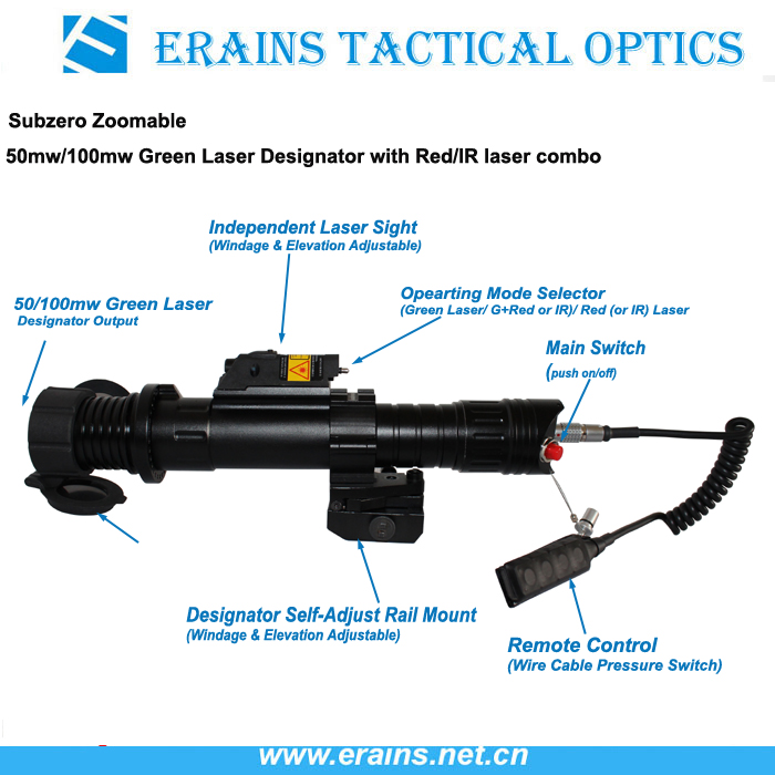 Subzero Zoomable 50mw Green Laser Designator with 5mw Red Laser Sight Combo